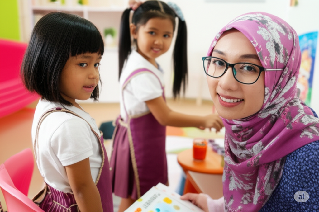 Siswi TK bermain dengan guru